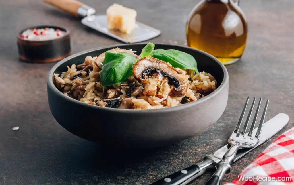 A bowl of creamy mushroom risotto garnished with fresh basil leaves sits invitingly. In the background, there's a small grater with a block of cheese, a wooden pepper grinder, and a bottle of olive oil. A fork and knife are placed next to a red-checkered napkin, completing the cozy culinary scene.