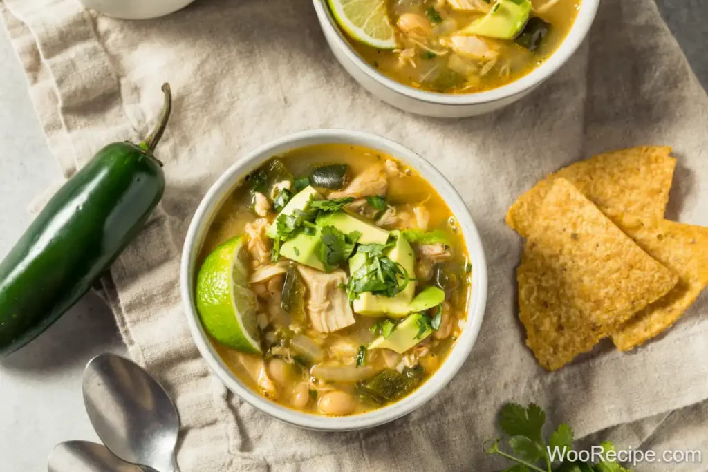 Two bowls of white chicken chili with beans, avocado, cilantro, and lime wedges sit invitingly. A jalapeño pepper, tortilla chips, and spoons accompany the meal on the side, with the edge of a cloth partially visible.