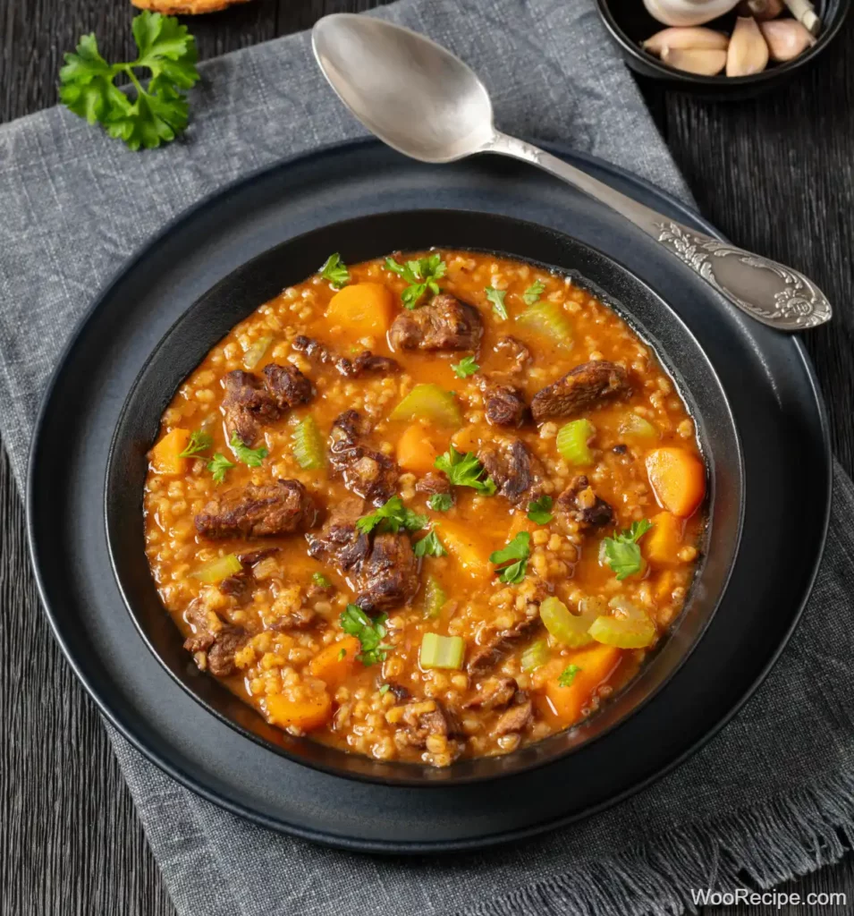 A bowl of beef barley soup, garnished with fresh parsley, features hearty chunks of beef, sliced carrots, and celery. It's served in a black bowl with a spoon resting on a gray napkin.