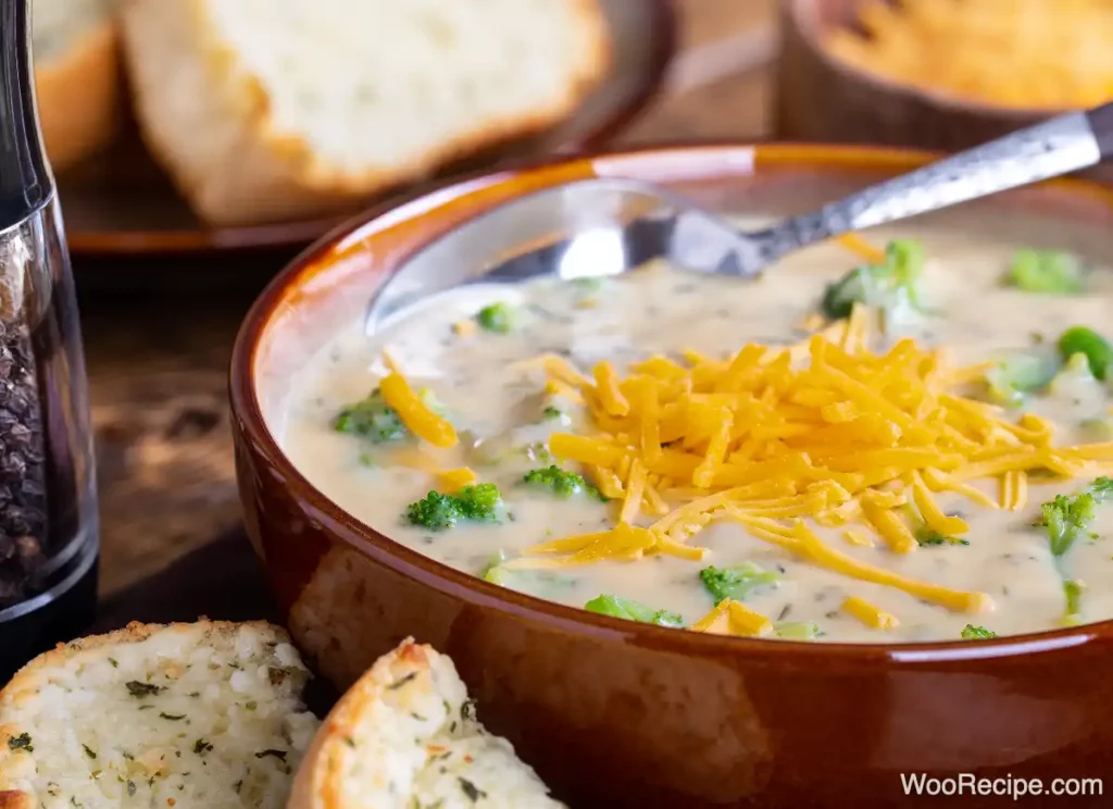 A bowl of creamy broccoli cheddar soup topped with shredded cheese and a spoon sits beside slices of garlic bread. The wooden table adds warmth, while a pepper grinder stands nearby, ready to enhance the flavors.