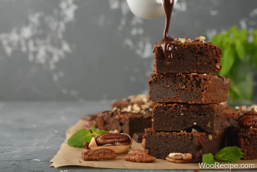 A stack of tantalizing chocolate brownies with nuts rests on parchment paper, garnished with mint leaves and pecans, while rich chocolate sauce cascades over the top. The gray, textured background enhances the rustic charm of this indulgent treat.