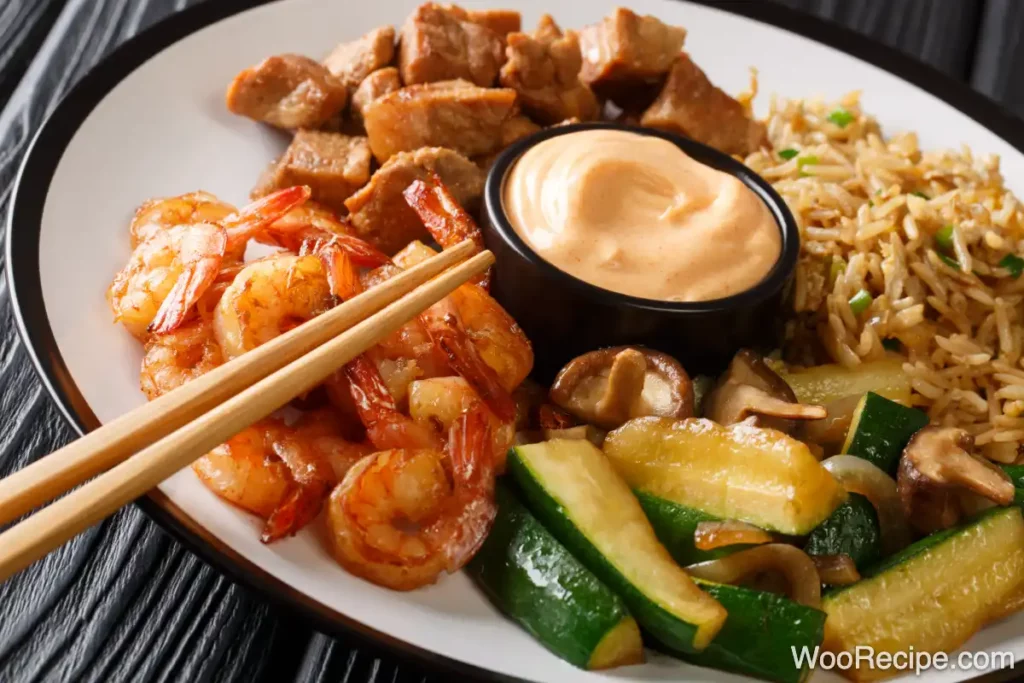 A plate with grilled shrimp, sautéed vegetables, hibachi fried rice, and diced meat, accompanied by a bowl of dipping sauce. Chopsticks rest on the shrimp. The plate is placed on a dark wooden table.