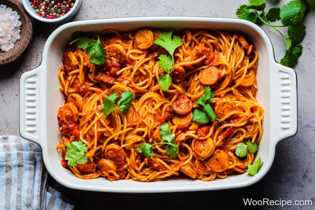 A baking dish of baked spaghetti pasta with sausages in a tomato-based sauce, garnished with fresh cilantro. Surrounding the dish are small bowls of pink salt and peppercorns, alongside a striped cloth.