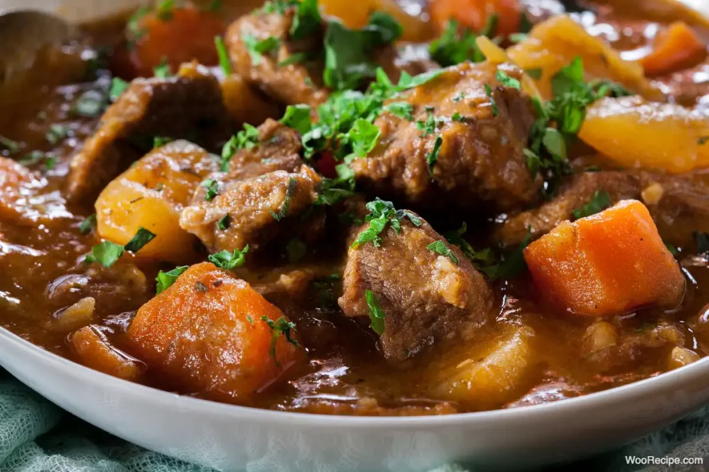 A close-up of a hearty beef stew, brimming with tender meat chunks, diced carrots, and potatoes, all topped with fresh parsley. This rich and savory beef stew is deliciously served in a white bowl.