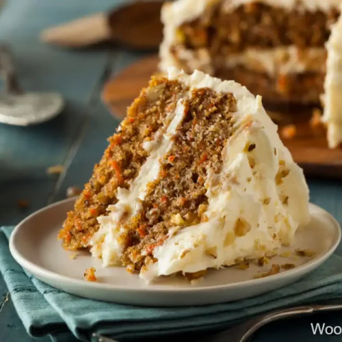 A slice of moist carrot cake with cream cheese frosting sits on a white plate. The cake displays layers of grated carrots and walnuts, with a drizzle of frosting on top. In the background, a whole carrot cake is displayed on a wooden board, hinting at a delightful and rich dessert perfect for celebrations. The blue background adds a cool contrast to the warm tones of the cake.
