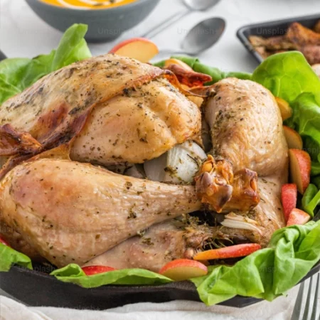 A roasted turkey garnished with apple slices and lettuce sits on a platter evoking the aroma of a perfect chicken roast In the background dishes with sliced bread and a bowl of sauce await while a spoon lies nearby completing the meal setting