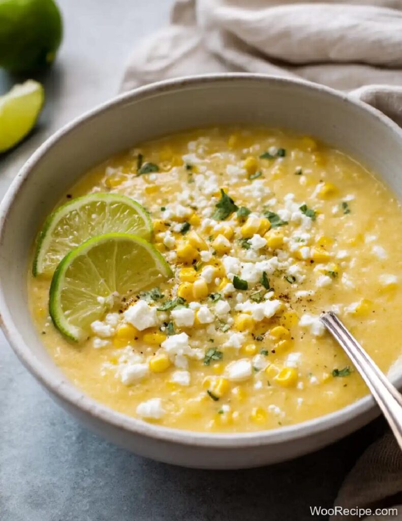 Creamy Mexican Street Corn Soup with Cotija and Lime