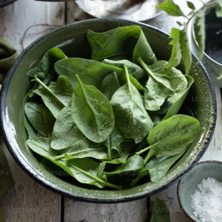 A bowl of crisp spinach leaves glistens with water droplets on a rustic white wooden surface Nearby a small bowl of coarse salt sits beside the slightly visible stem of a tomato