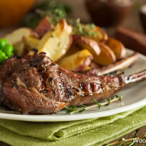 A plate featuring beautifully grilled lamb chops, accompanied by roasted baby potatoes and bright green peas. The lamb boasts a perfect sear with a rich brown color, while the sides contrast with their vibrant colors. Herbs and seasoning enhance the dish's vibrant presentation, making it an appetizing meal perfect for gatherings or family dinners.